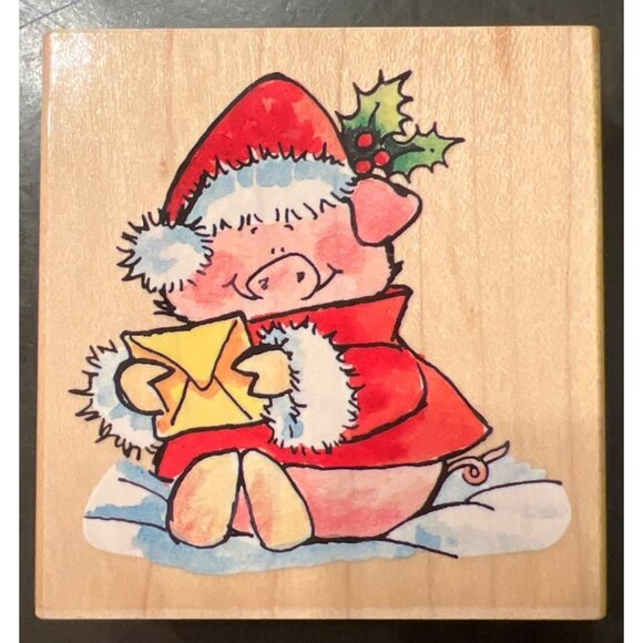 Penny Black Merry Wishes Wood Mounted Rubber Stamp Christmas 2743H pig Rare - Picture 1 of 4
